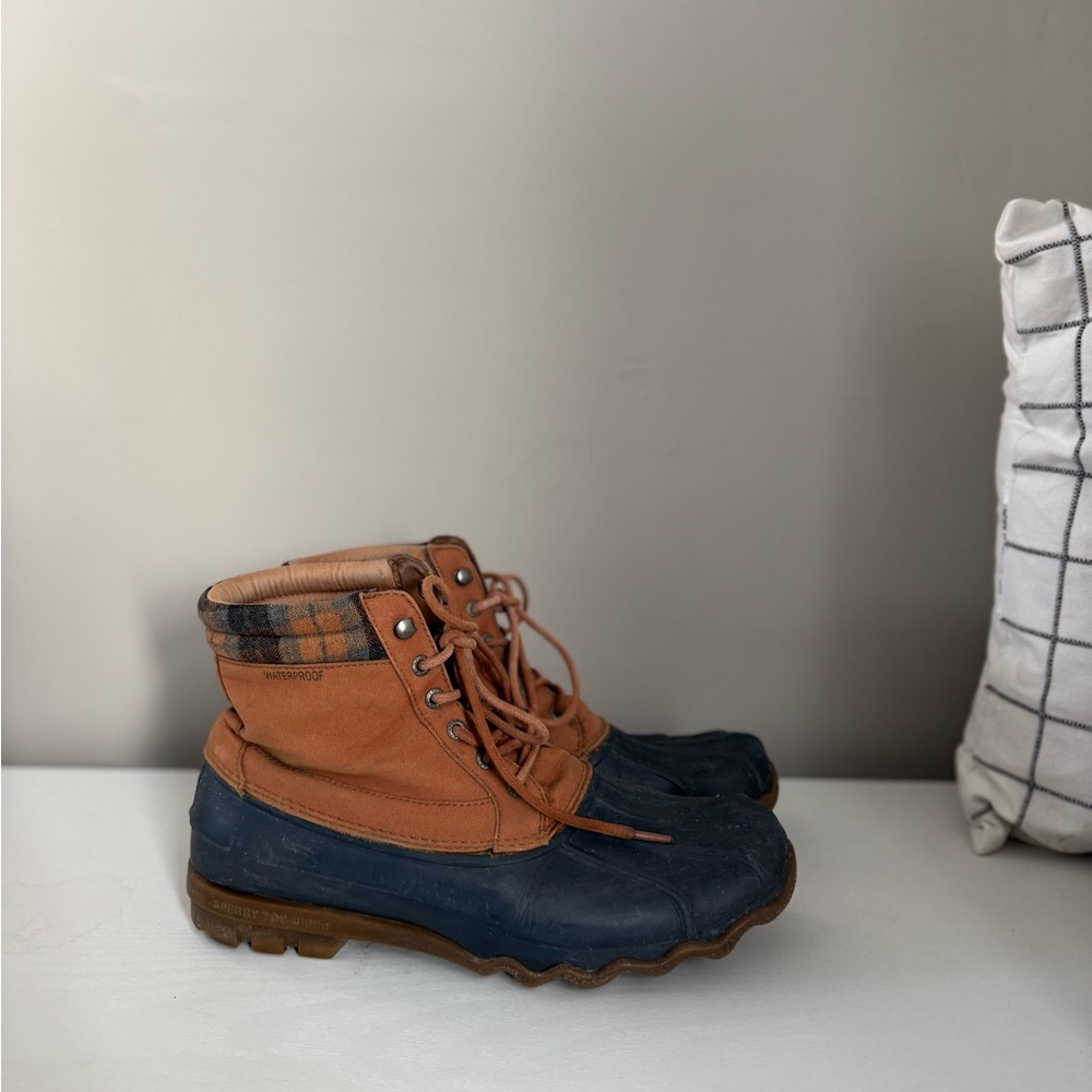 Sperry Tan and Navy Duck Boots